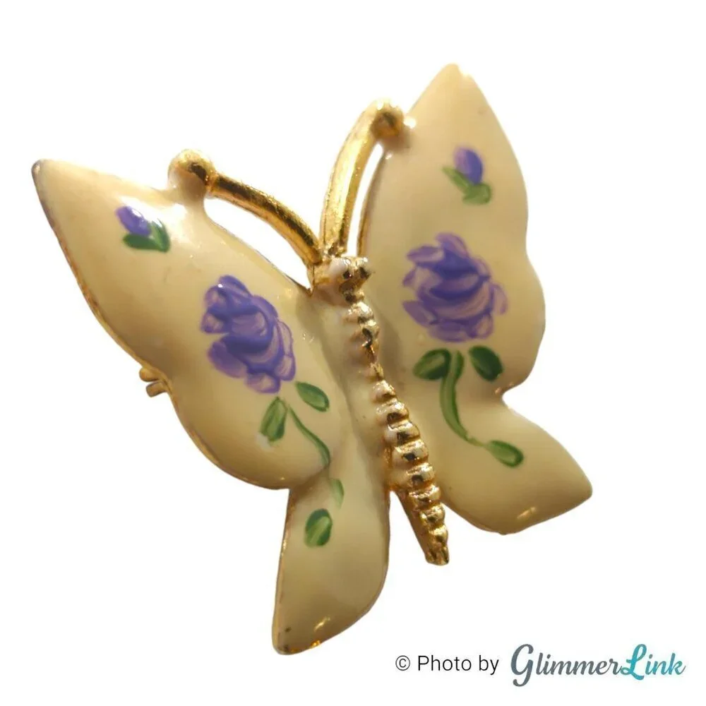 Vintage Cream Butterfly Purple Rose Flowers Hand Painted Enamel Gold Tone Brooch
